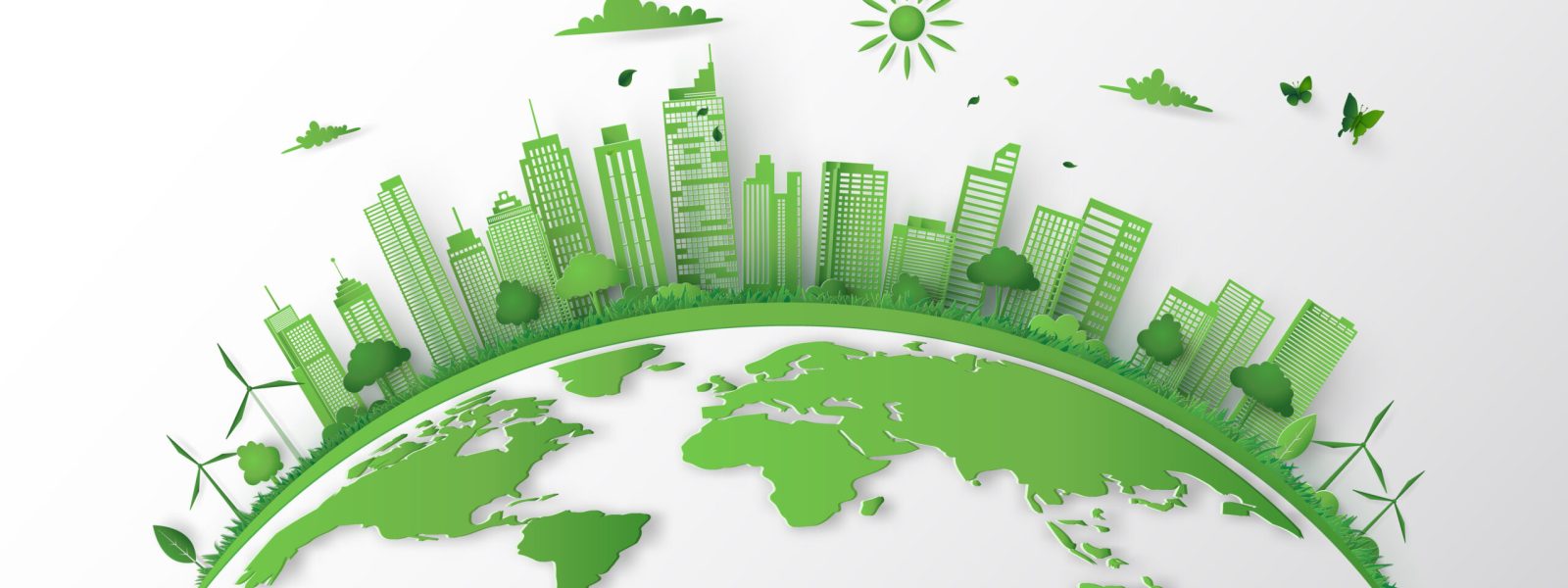 Concept of green city with building on earth. World environment day,Paper art 3d from digital crfat.